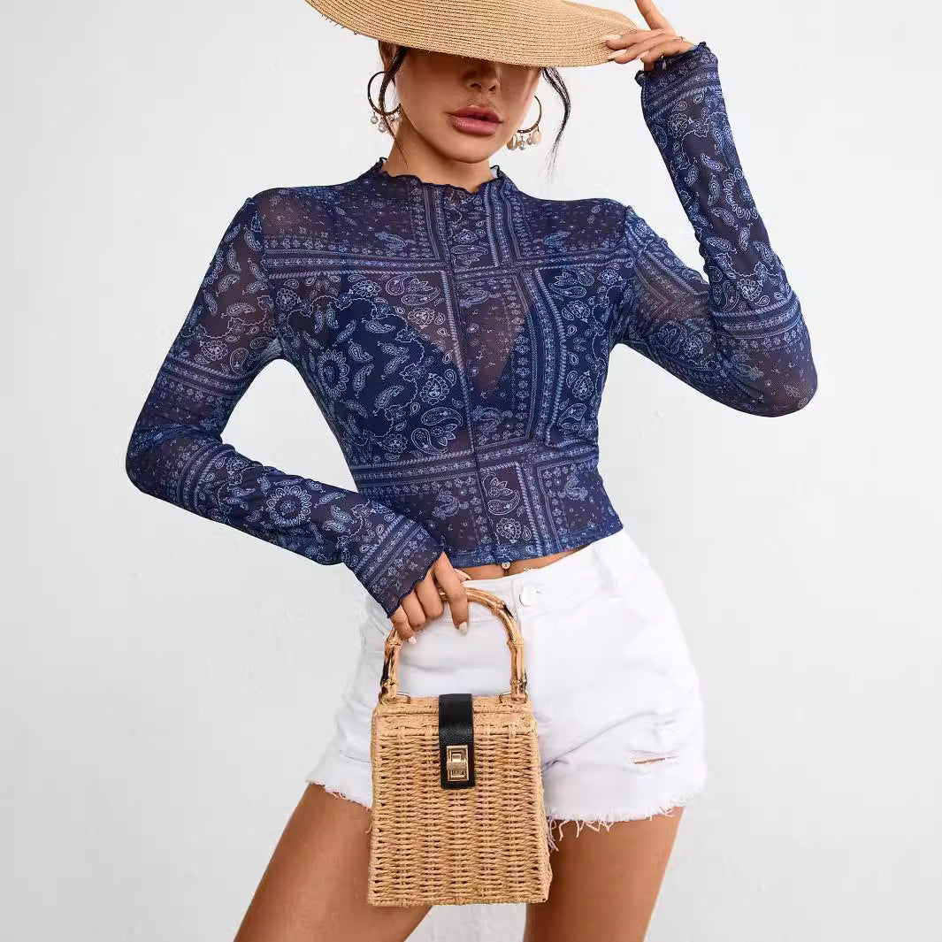 Women's Spring Summer Elegant Women Mesh Floral Print Stand Collar Long Sleeve Short T Shirt Top Women