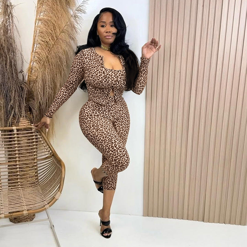 Leopard-Print Cardigan, Vest and Pants Two-Piece Set