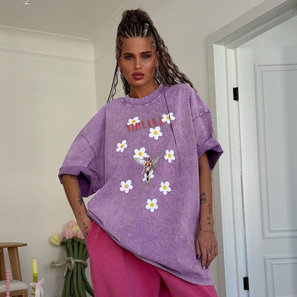 Women's Loose Cotton Washed Printed T Shirt Summer Floral Printed Half Sleeve T Shirt For Women