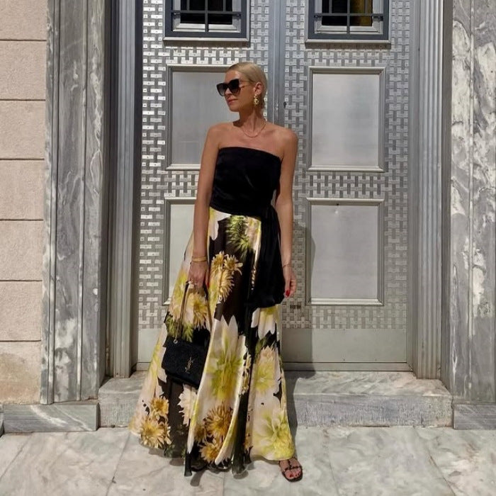 Women's Summer Bandeau Printing Top and Skirt Two-Piece Set