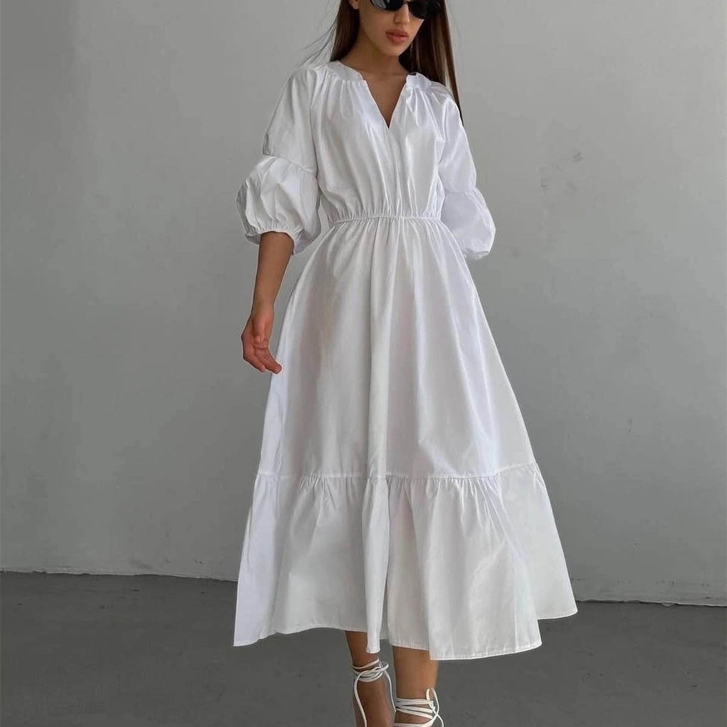 V-Neck Dress Office High-Waist French Half Sleeve A-Line Casual