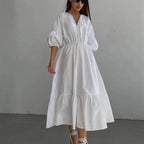 V-Neck Dress Office High-Waist French Half Sleeve A-Line Casual