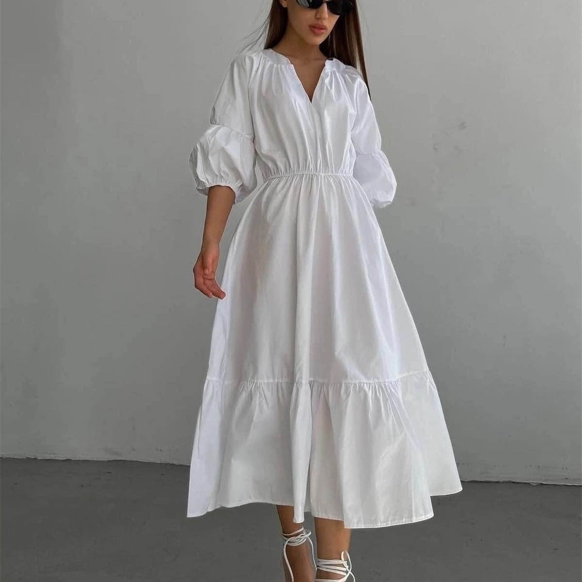 V-Neck Dress Office High-Waist French Half Sleeve A-Line Casual