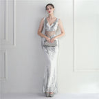 Women's Positioning Floral Heavy Industry Beaded Long Fish Tail Evening Dress Suitable Attending Formal Occasions
