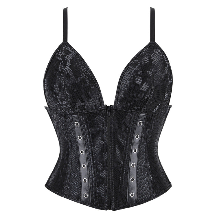 Women's Snake Print Boned Corset Top – Black Bodycon Bodice