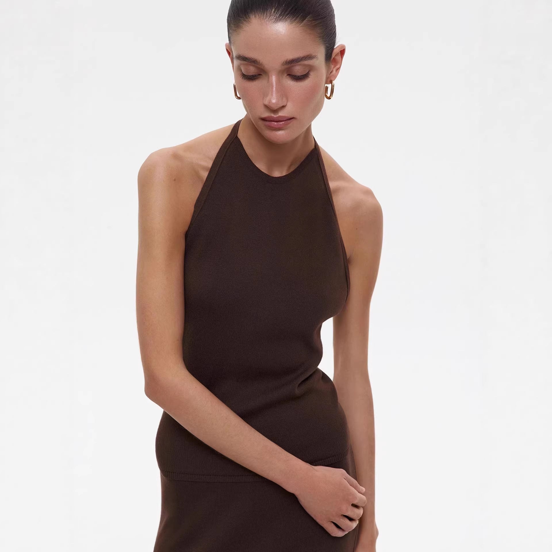 Backless Halter Vest T shirt Long Skirt Elegant Sexy All Matching Set Women Party Beach