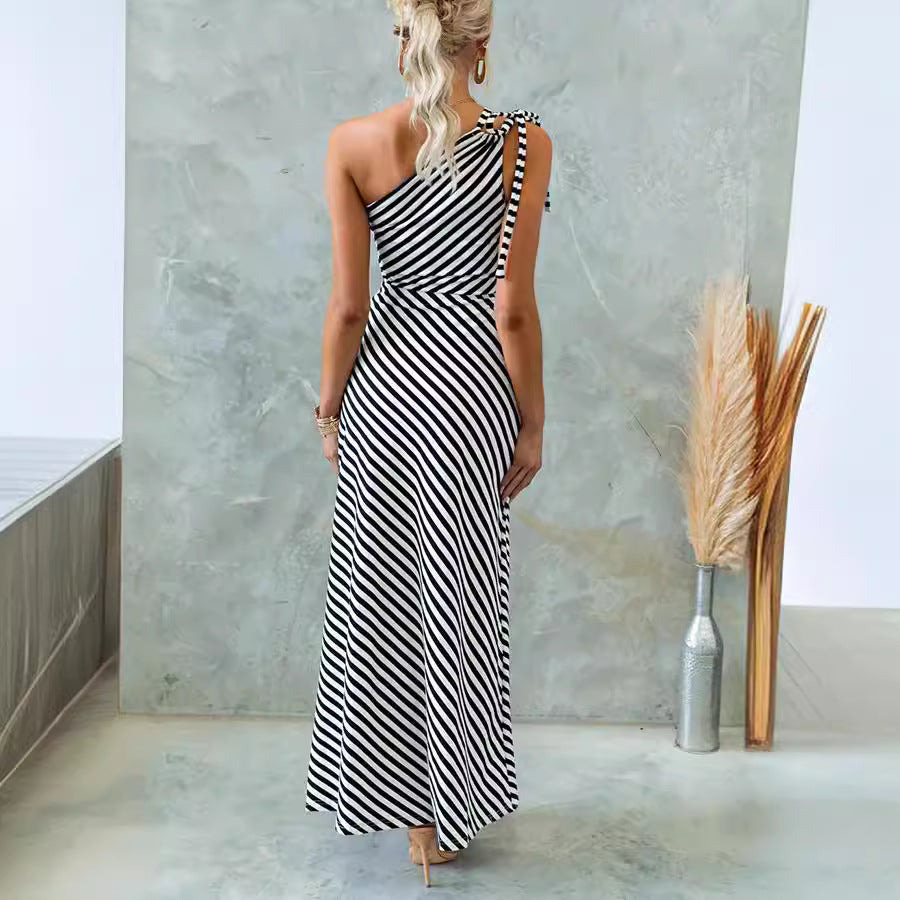Striped Slim Shoulder Lace-Up Dress