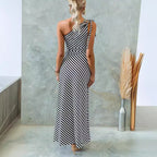Striped Slim Shoulder Lace-Up Dress