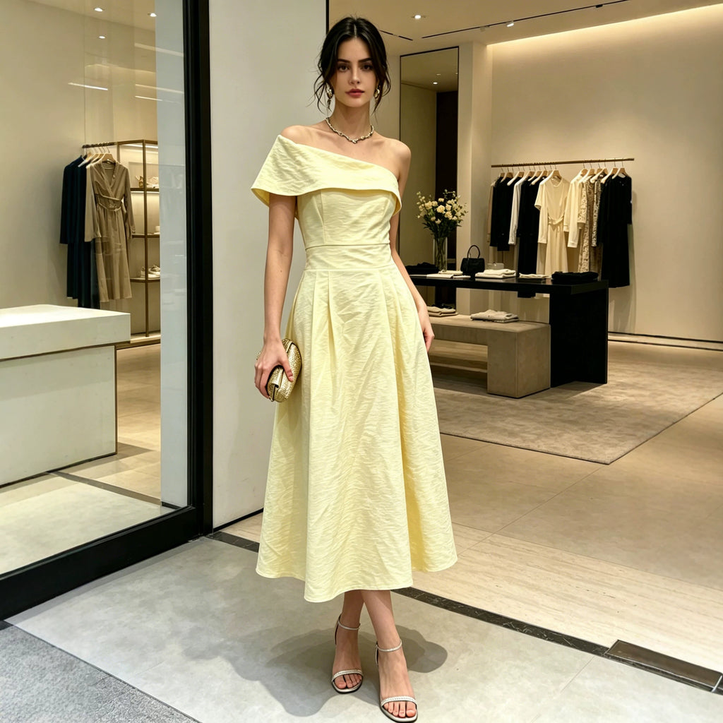 Yellow off-shoulder backless midi dress with ruched bodice and flared skirt