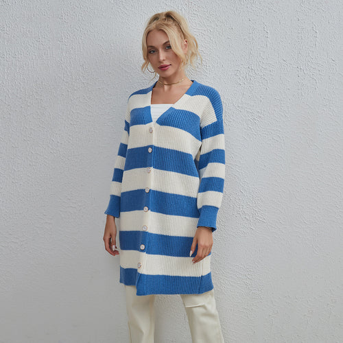 Russian Mid Length Autumn Winter Coat Simple Striped Knitted Sweater Cardigan Women