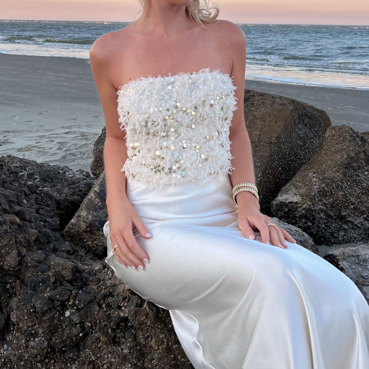 's Sequin Sequined Frayed Beach Vacation Tube Top