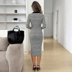 Women's Mid Length T Shirt Autumn Winter Casual Black White Striped Long Sleeve Narrow Dress