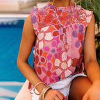 Women's Sleeveless Ruffled Printed Top Women Floral Printed Round Neck Chiffon Pullovers Women