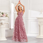 Embroidered V-Neck A-Line Evening Maxi Dress