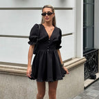 Black Puff-Sleeve A-Line Dress