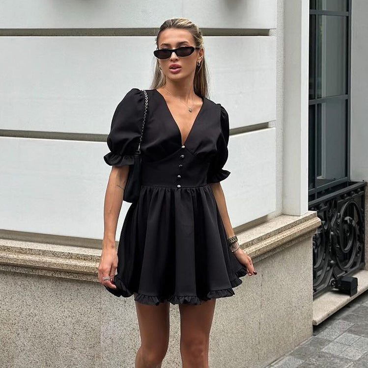 Black Puff-Sleeve A-Line Dress