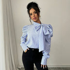 Striped Bow Tie-Neck Blouse for Women