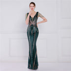 Women's Floral Sequin Crafts Beaded Banquet Long Sleeve Sequin Aura Dress