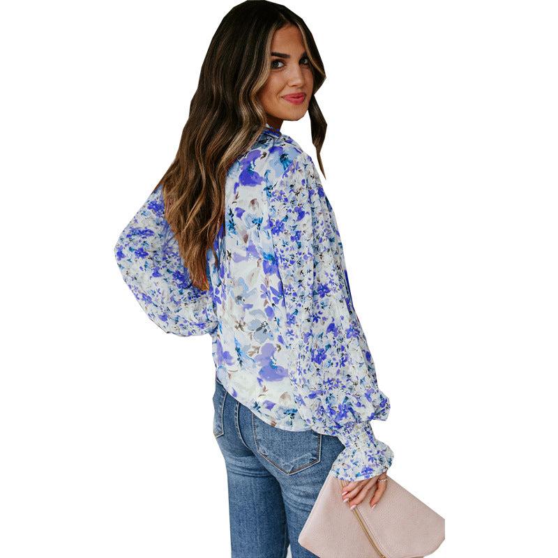 Women's Chiffon Shirt Cardigan Spring Summer Loose Floral Pattern Lantern Sleeve Top For Women