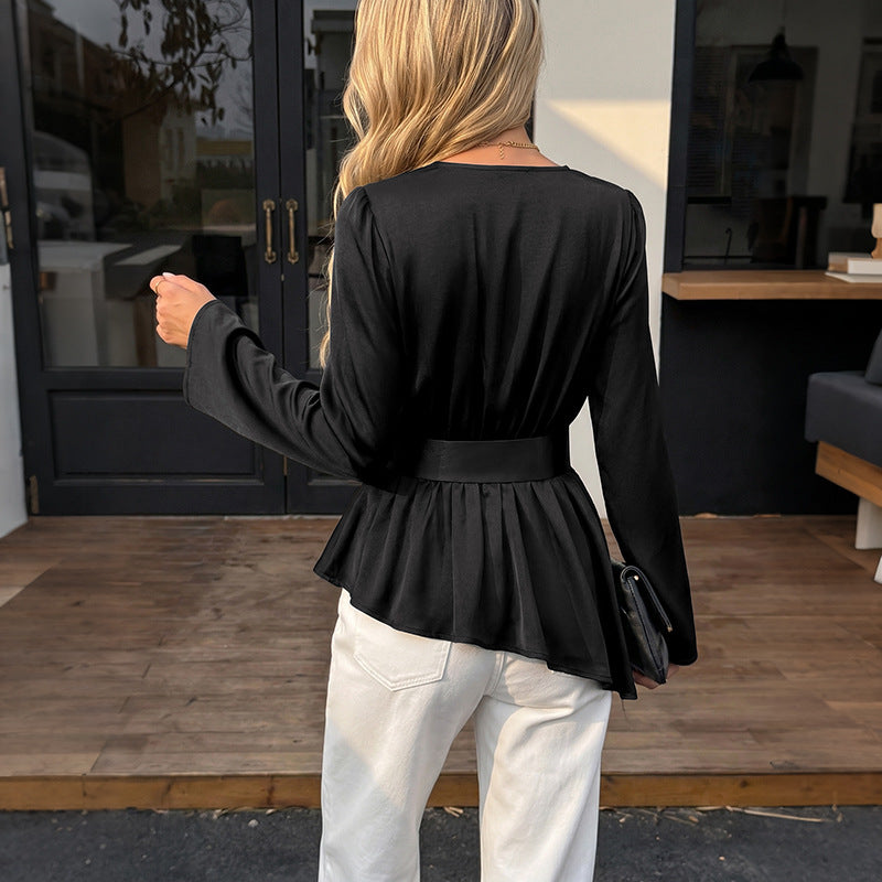 Elegant Lightly Mature with Belt Black V neck Stomach