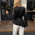 Elegant Lightly Mature with Belt Black V neck Stomach