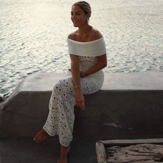 Off-Shoulder Short-Sleeve Knit Bodycon Maxi Dress