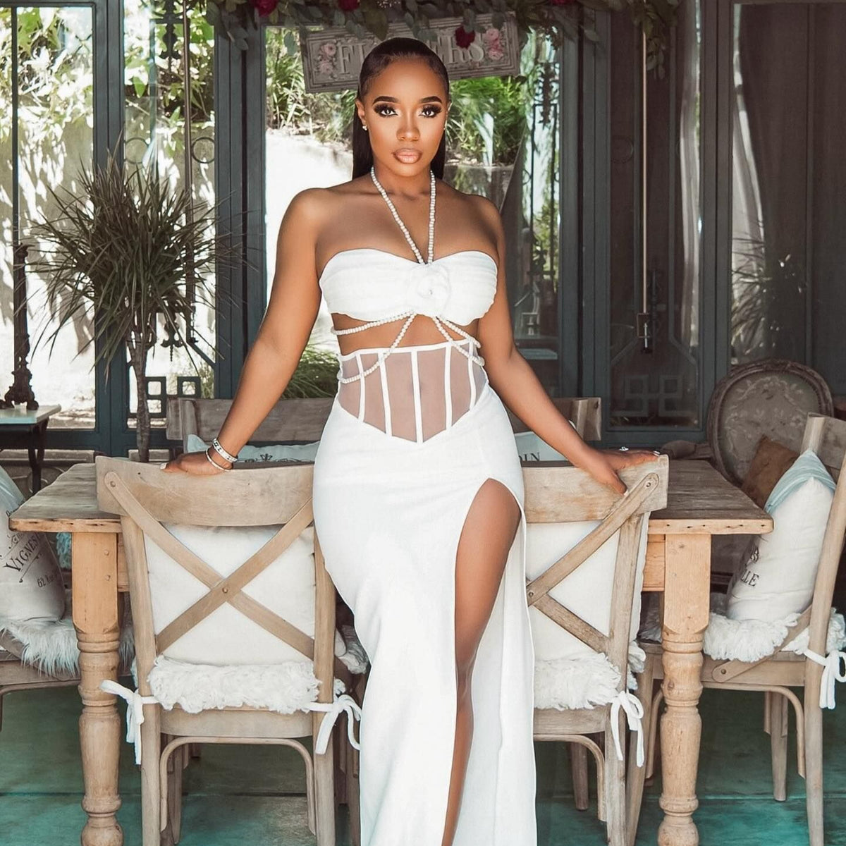 Women's Summer Pearl Overskirt Split Coordinated Two-Piece Set