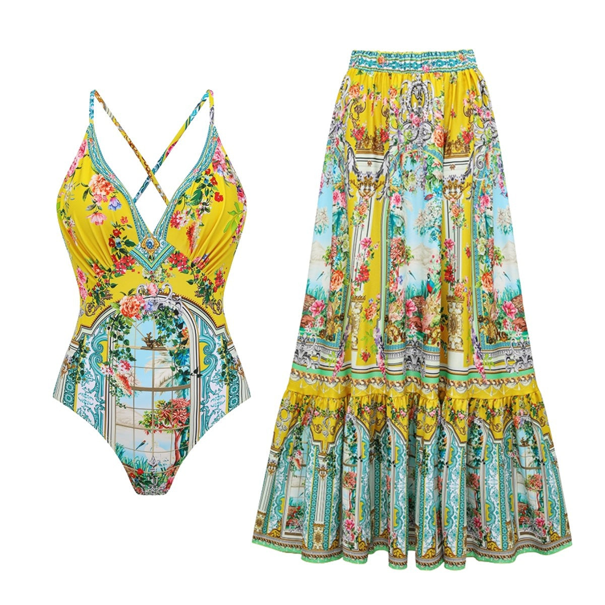 Printed one-piece swimsuit with crisscross straps and tiered long skirt set