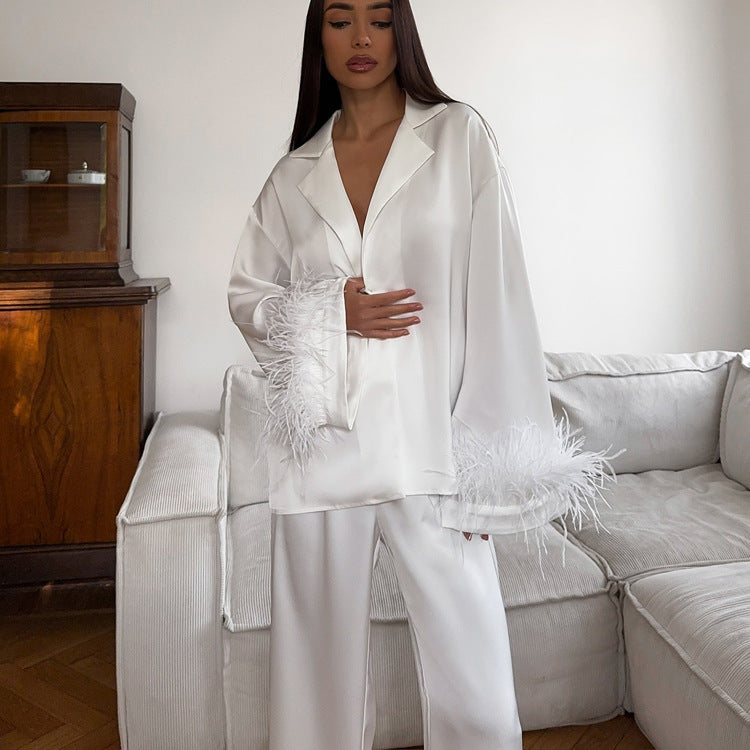 Patchwork Feather Long Sleeve Collared Top Trousers