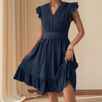 Women's Lace Trim Pleated V Neck Flying Sleeve Elegant Dress