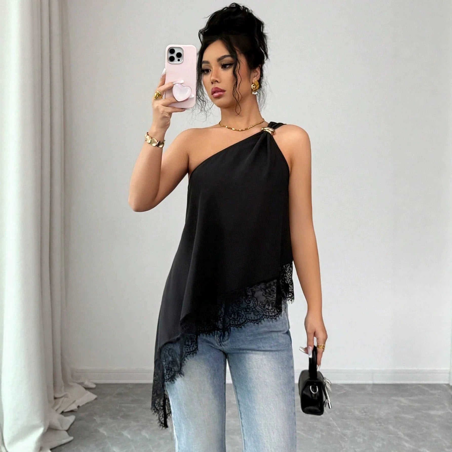 Summer Shoulder Metal Buckle Lace Stitching Irregular Asym