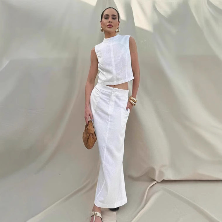 Women's White Cotton Linen Top and Skirt Two-Piece Set