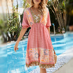 Women's Vacation Sexy Loose Four-Sided Elastic Positioning Printed V-Neck Short Sleeve Bohemian Dress