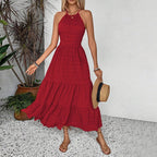 Women's Women's Vintage Red Halter Dress Summer High Waist Backless