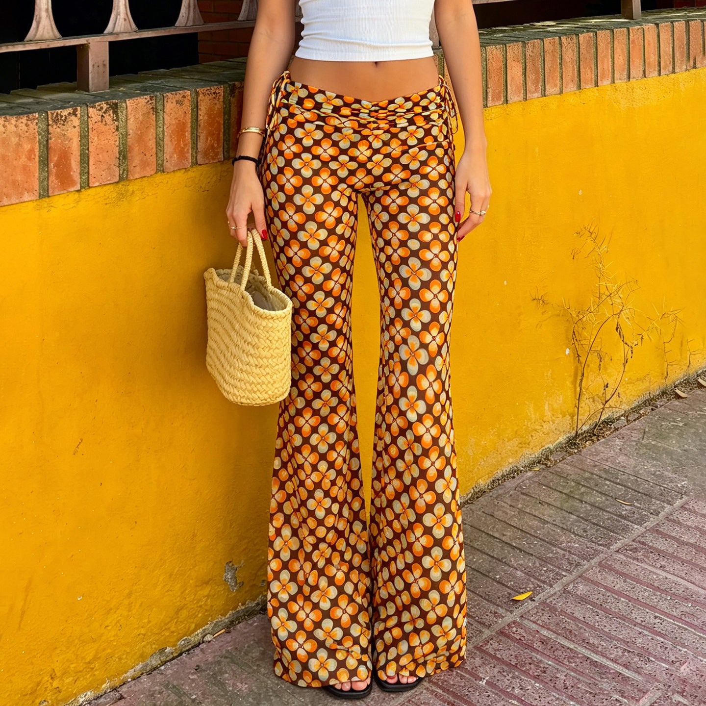 Tropical Vacation Retro Floral Printed Lace up Contrast