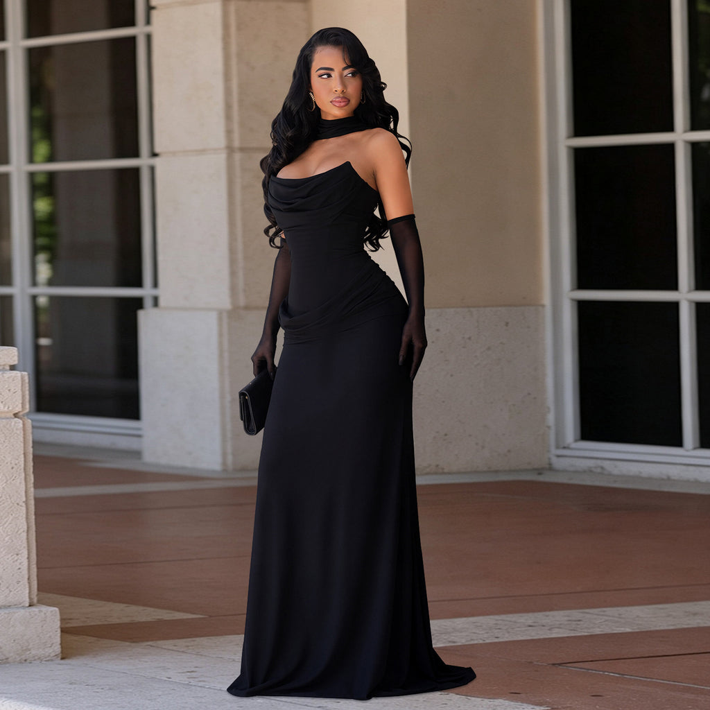 Women's Tube Top Elegant Pile Collar Pleated Waist Tight Fishtail