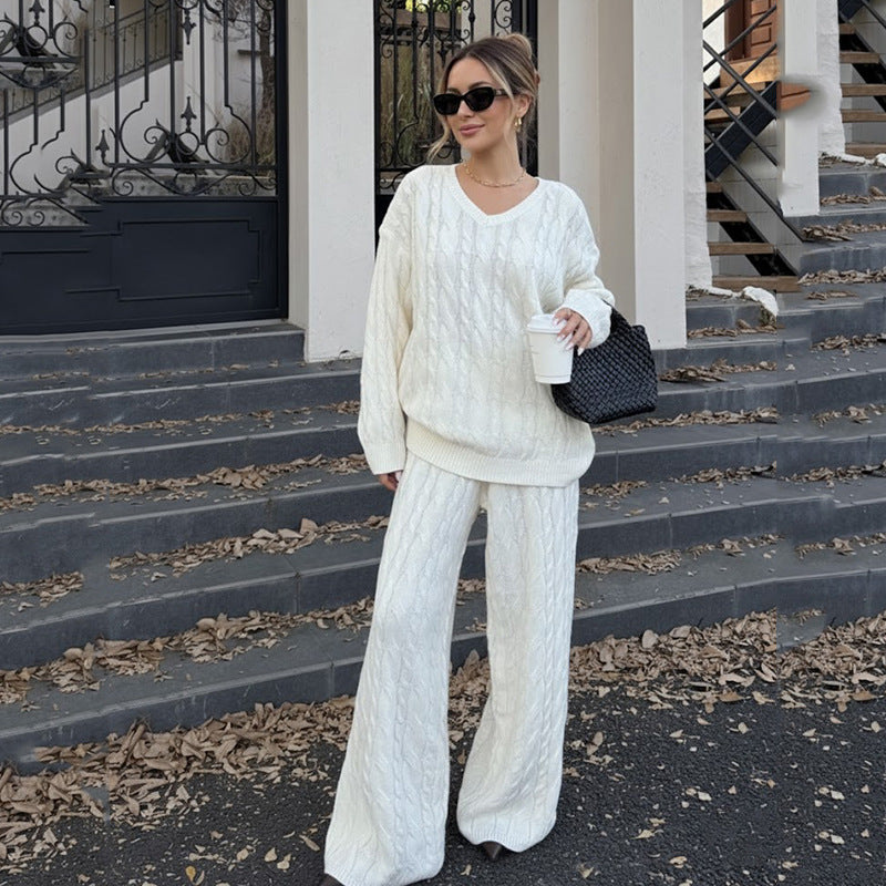 Autumn Winter Lazy Twist V neck Wool Loose Top Casual Pants Sweater Two Piece Sets