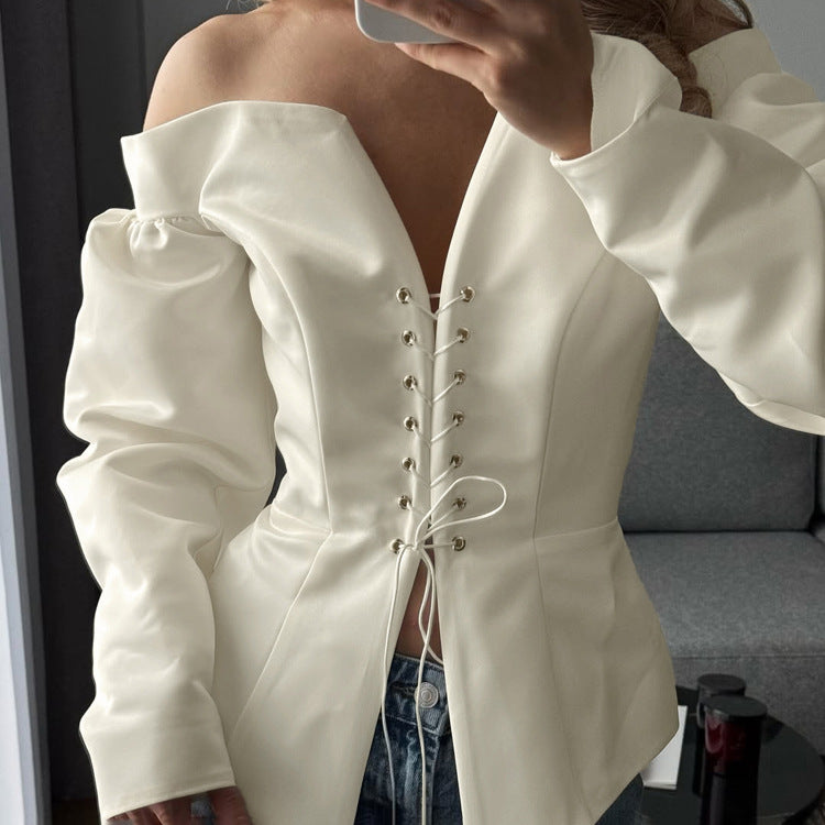 Women's Off-Shoulder Lace-Up Long Sleeve Top
