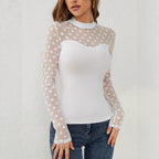 Women's Autumn Winter Mesh Dot Stitching Women Long Sleeved Shirt Small Stand Collar Pullover Slimming All Matching