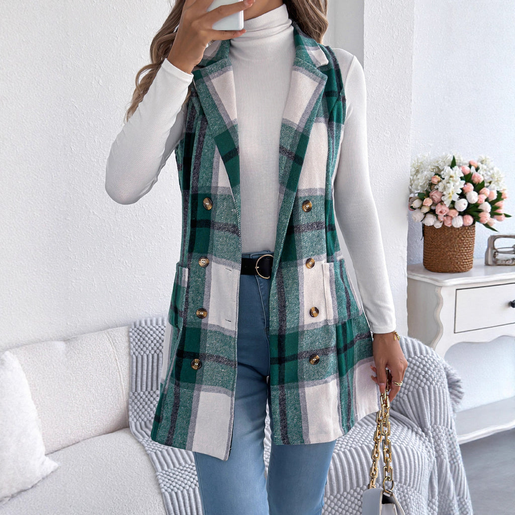 Plaid Double Breasted Wool Vest Coat