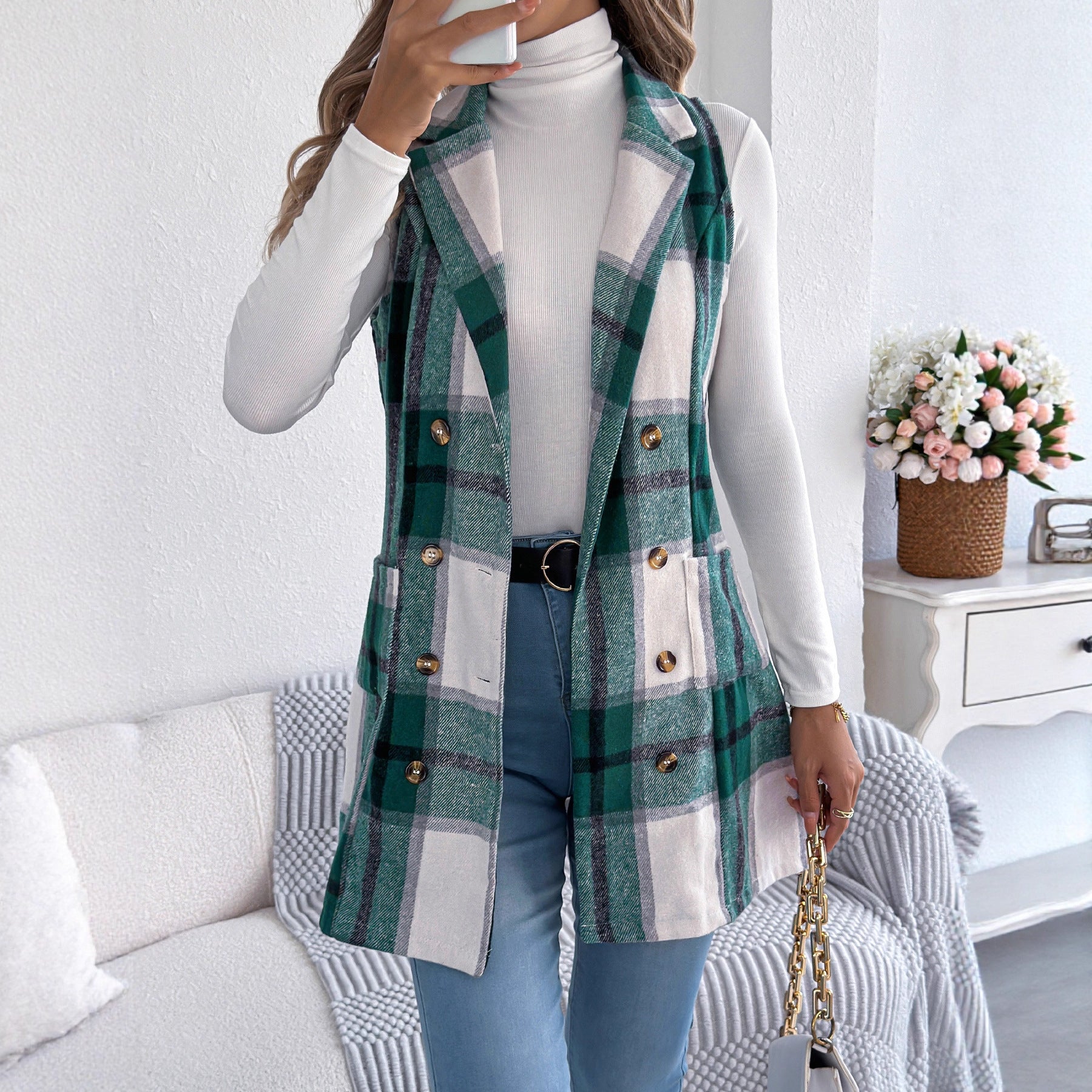 Plaid Double Breasted Wool Vest Coat