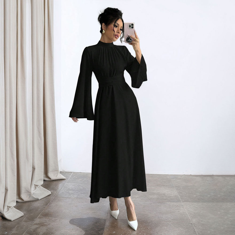 Women's Black Stand up Collar Waist Maxi Dress Women Autumn Winter Long Sleeve Retro Large Bell Sleeve Solid Color Dress