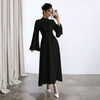 Women's Black Stand up Collar Waist Maxi Dress Women Autumn Winter Long Sleeve Retro Large Bell Sleeve Solid Color Dress