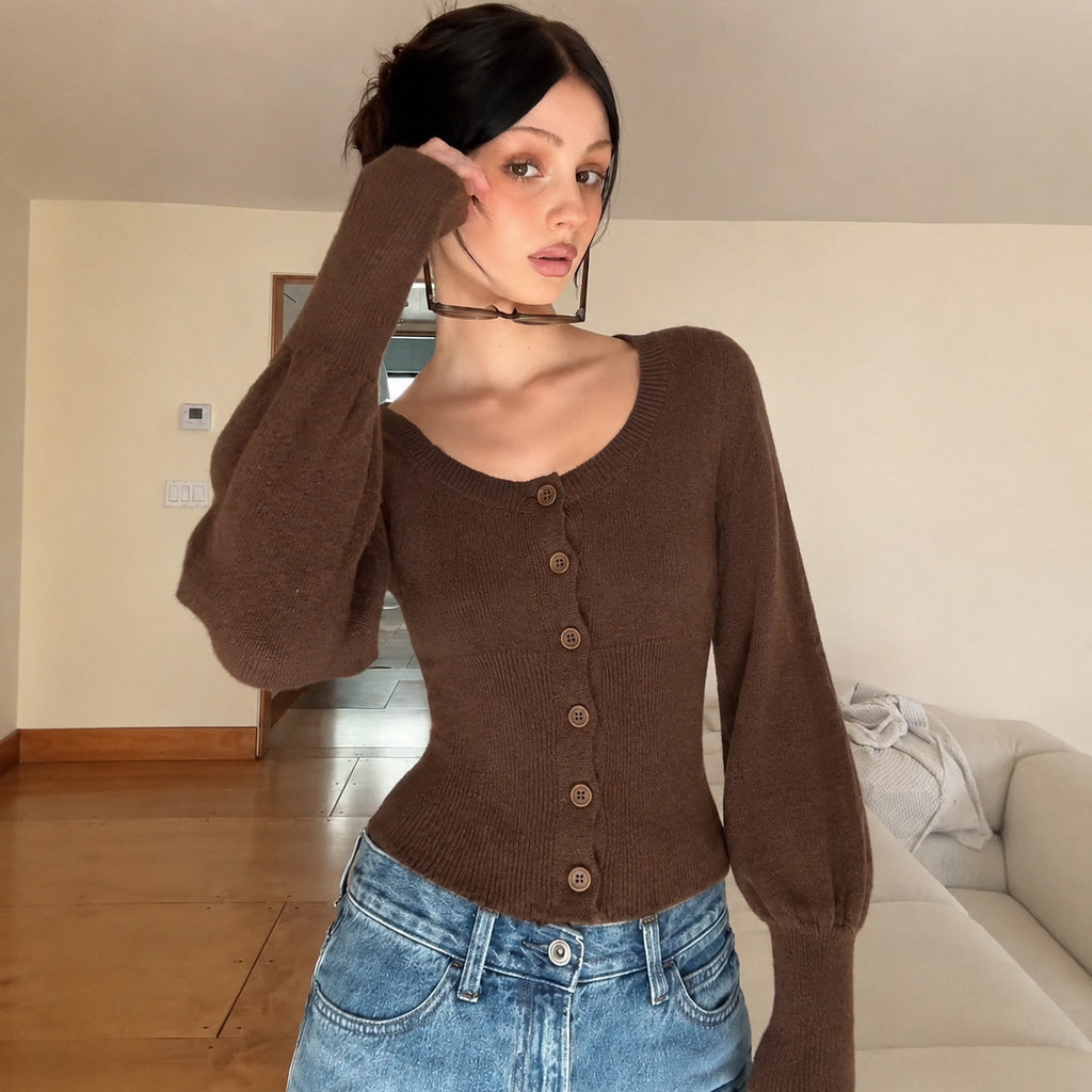 Women's Retro Wool-Blend Bubble-Sleeve Cardigan