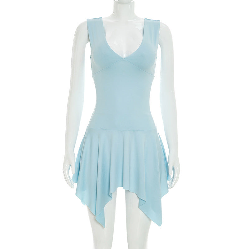 Light blue sleeveless summer dress with V-neck and flared asymmetrical hem