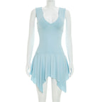 Light blue sleeveless summer dress with V-neck and flared asymmetrical hem