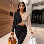 Women's Color Block Stitching Front Twist V Neck Top Elegant Long Sleeve Color Matching Shirt