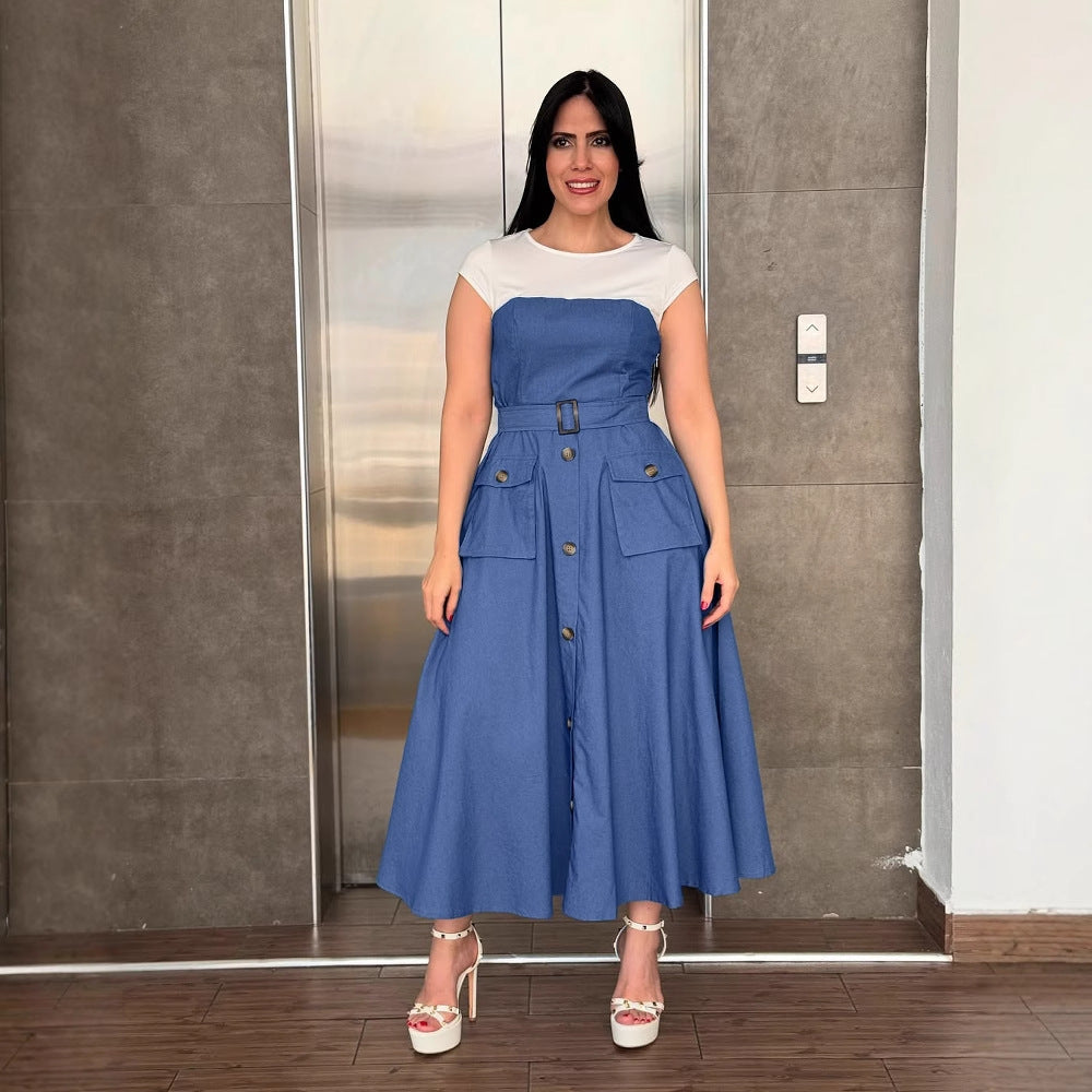 Women's Contrast Stitch Denim A Line Dress