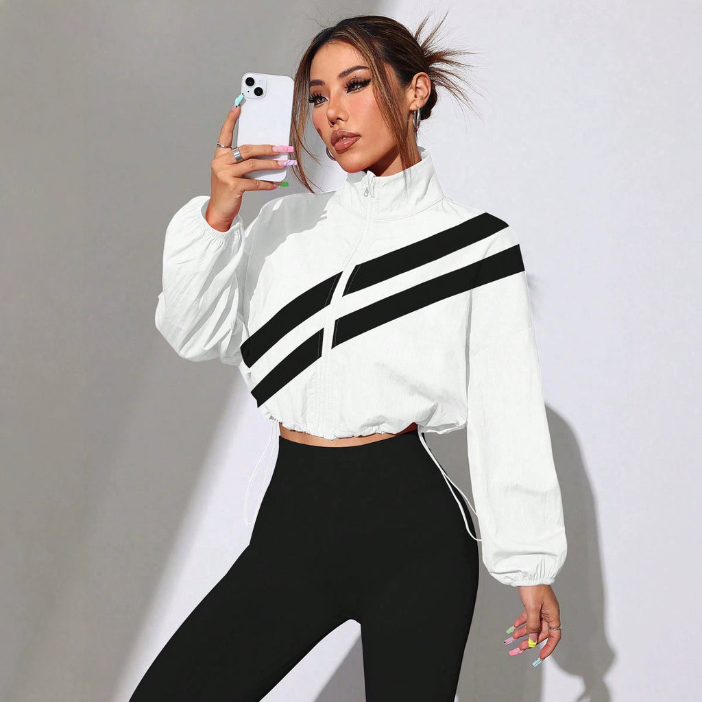 Fall Color Block Diagonal Stand Collar Cropped Sun Protection Jacket