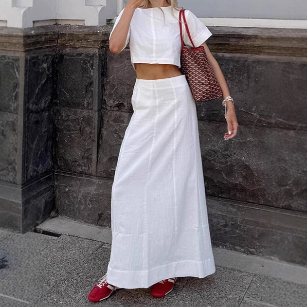 Women's Faux-Linen Cropped Top & High-Waist Skirt Two-Piece Set